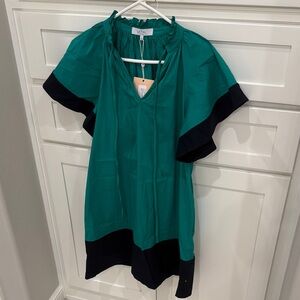 Pearl by Lela Rose, Green and Black Ruffle Sleeve Dress NWT